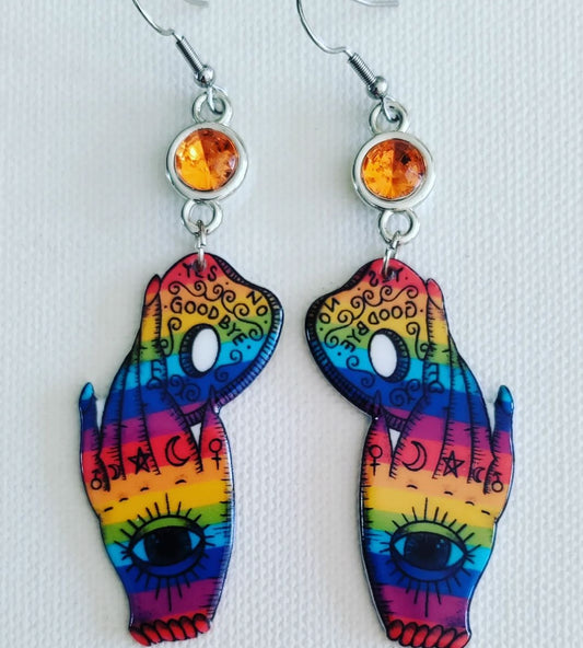 Rainbow Tattooed Hand Earrings