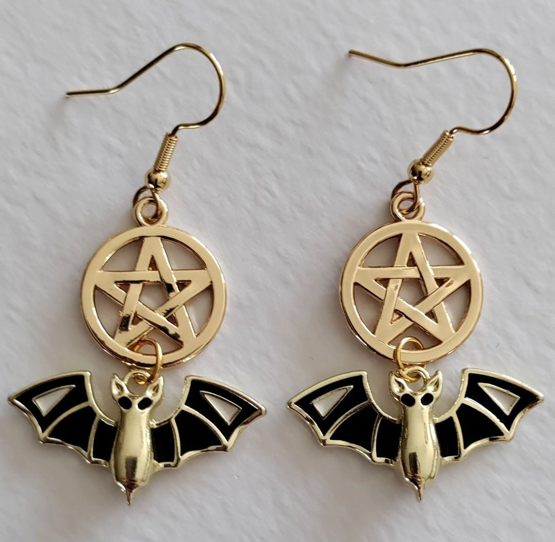 Gold Pentagram Bat Earrings