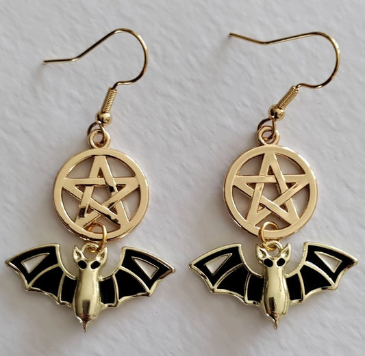 Gold Pentagram Bat Earrings