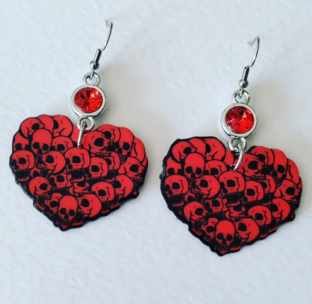 Red Skull Heart Earrings