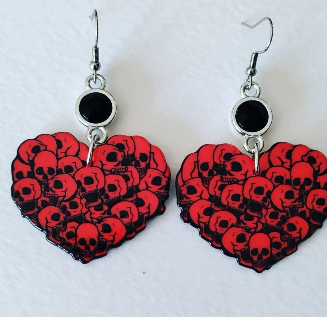 Red Skull Heart Earrings