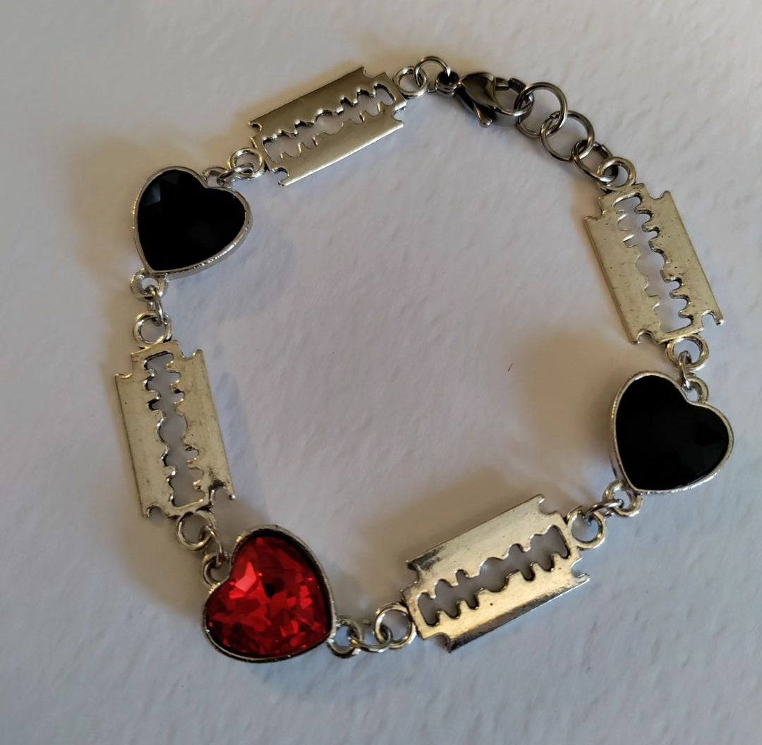 Black and Red Razor Heart Bracelet