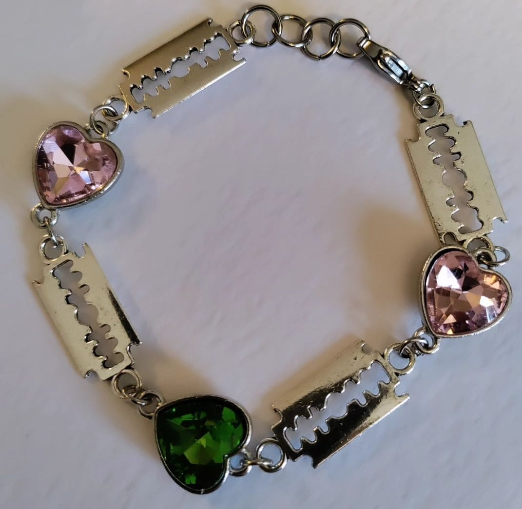 Green and Pink Razor Heart Bracelet